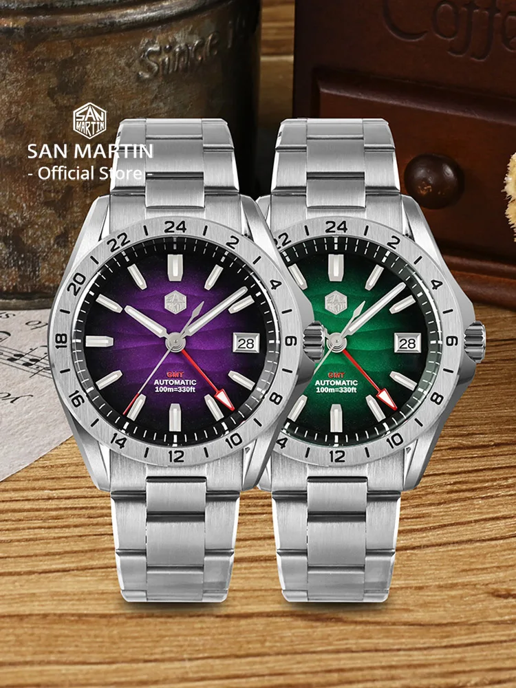 Quality stainless steel GMT watches with gradient desert and green dials, automatic movement, and 10.