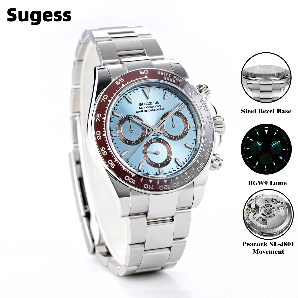 Elegant Sugess S418-2 automatic chronograph with steel bezel and luminous dial.