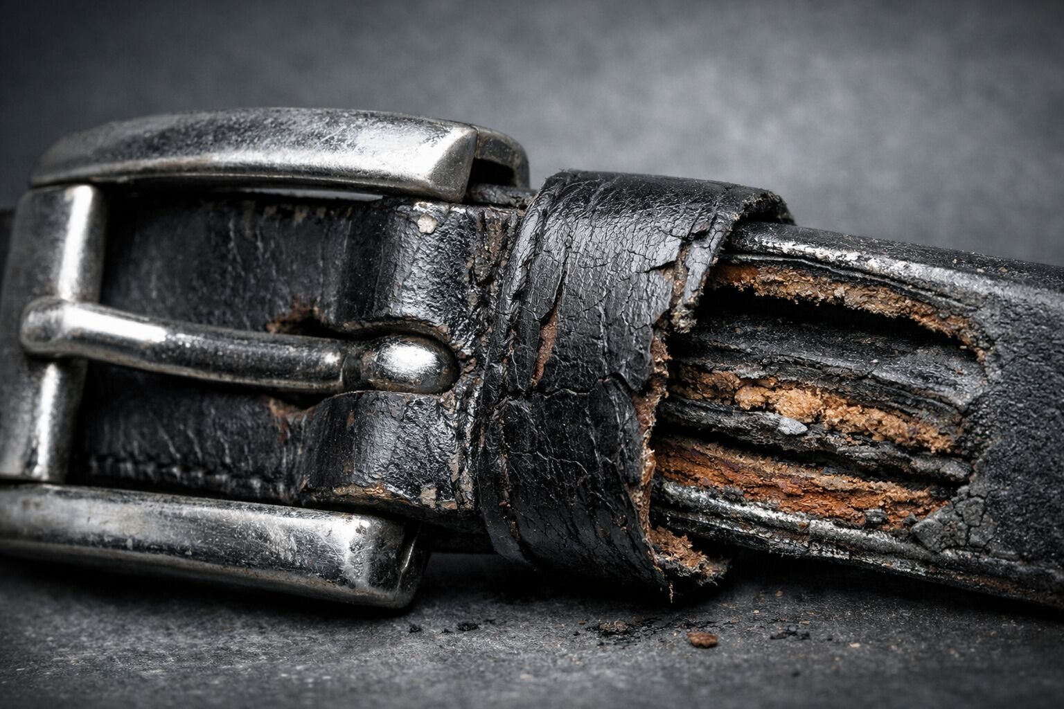 Close-up of a damaged, deteriorated leather belt showing cracks and fraying.