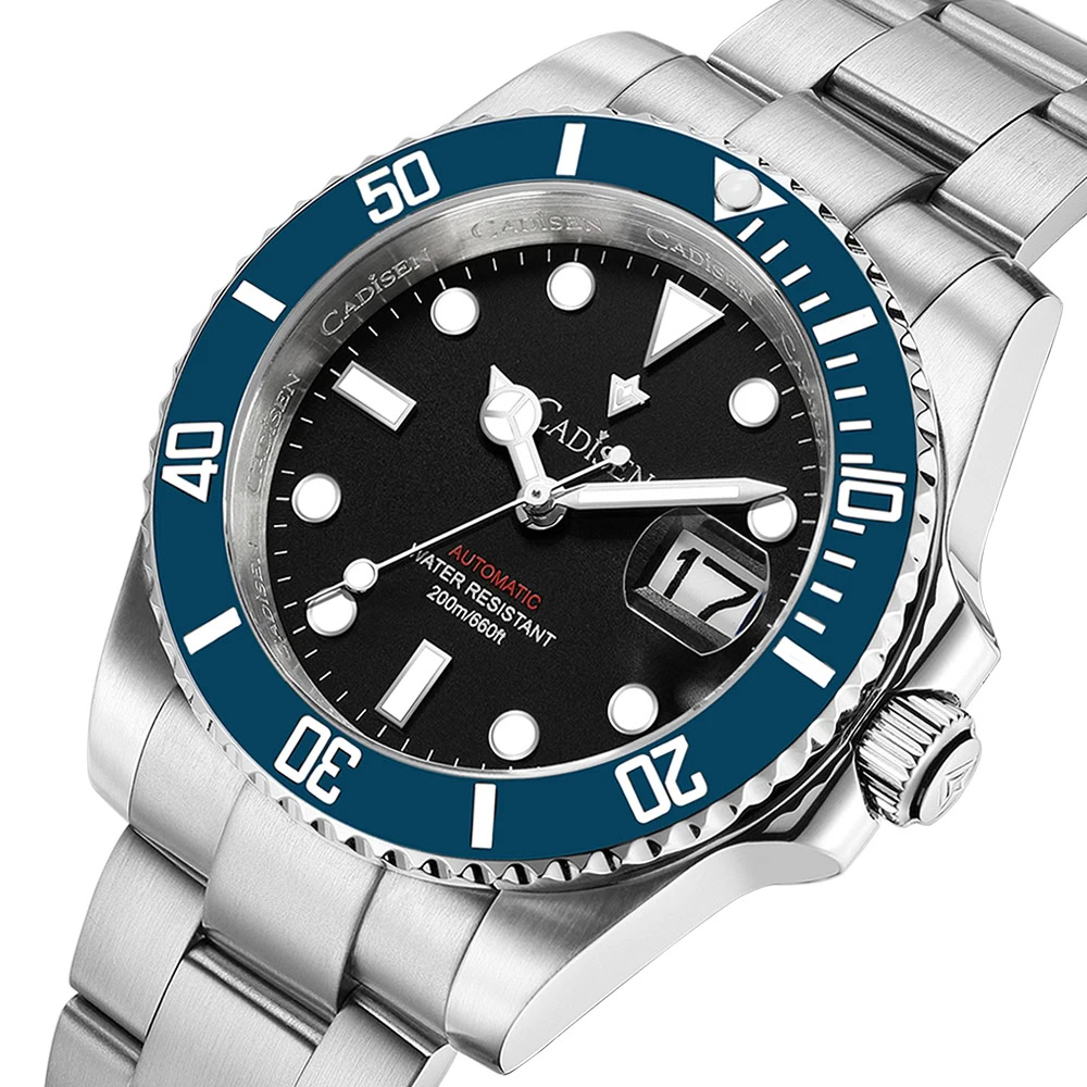 Automatic men's dive watch with blue bezel and black dial, water-resistant up to 200 meters, stainle.