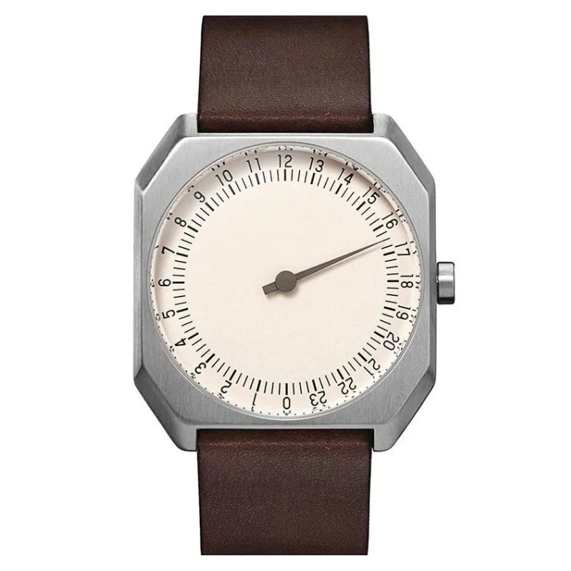 Stylish minimalist watch with a square silver case and clean dial.