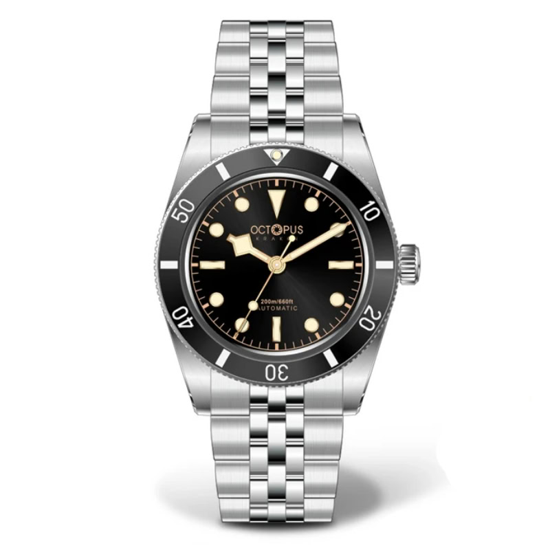 Stylish stainless steel dive watch with black dial and rotating bezel.
