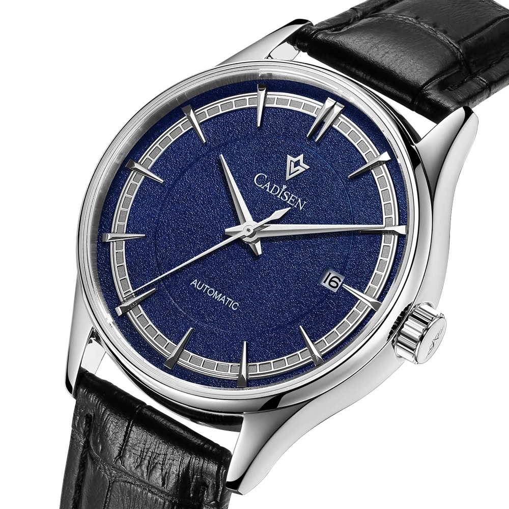 Men's blue dial automatic wristwatch with black leather strap.