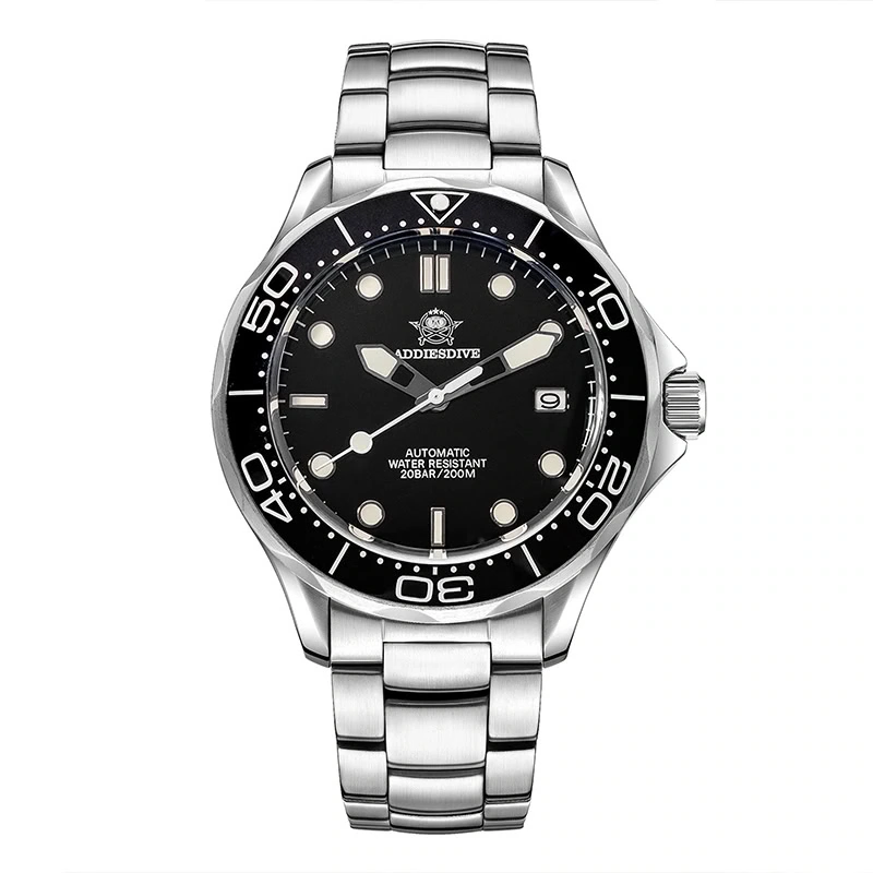 Men's stainless steel dive watch with black face and rotating bezel.