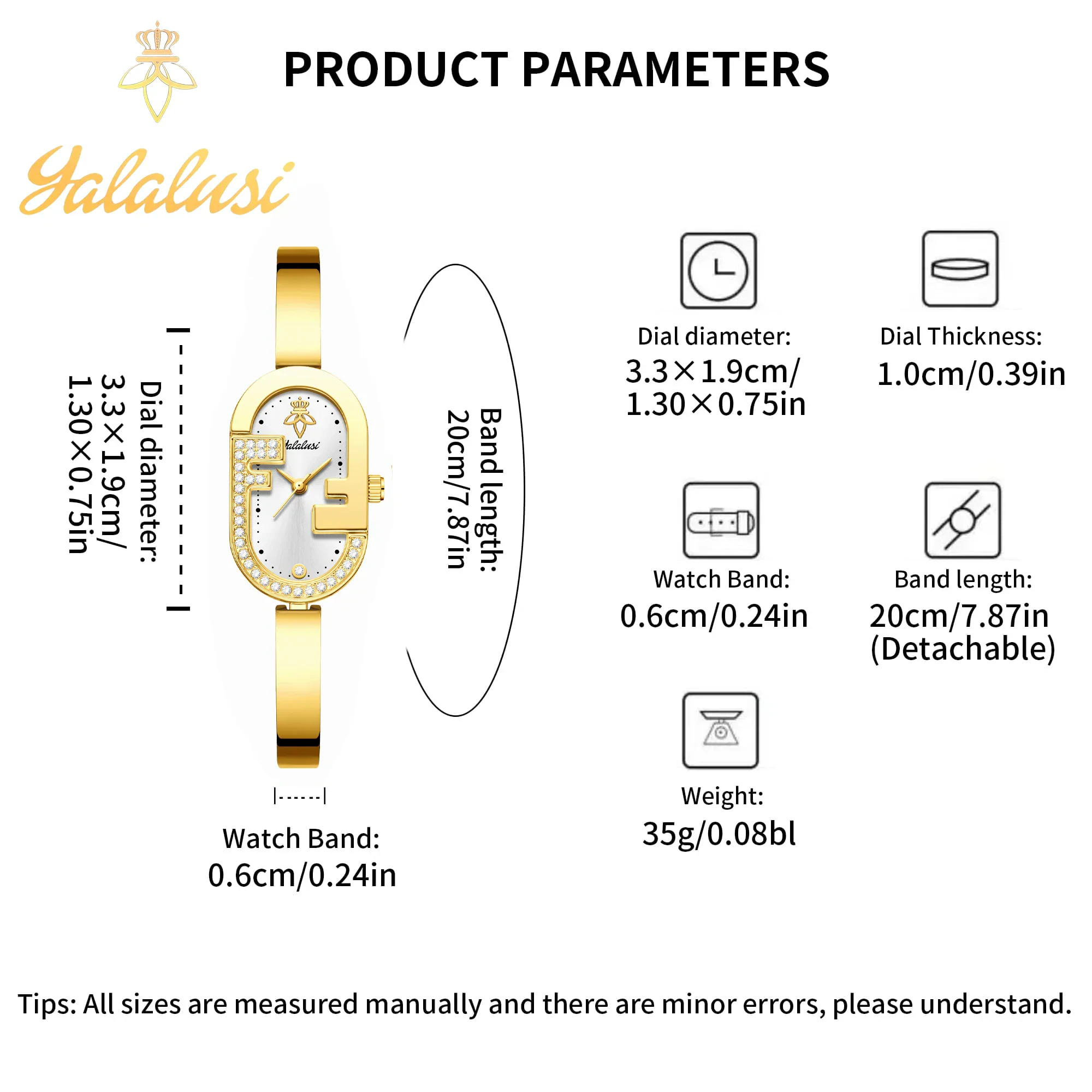 Elegant oval dial with rhinestones and slim design.