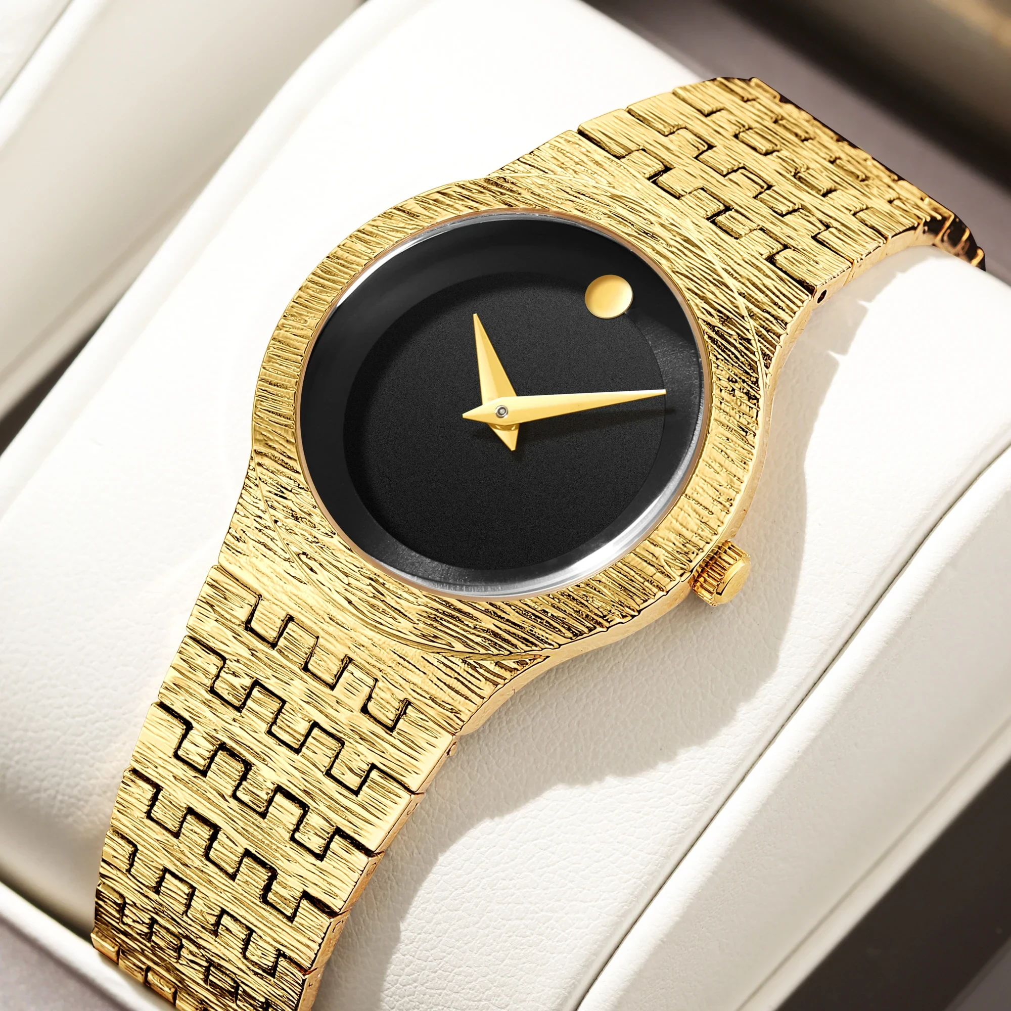 Elegant gold ripple watch with black dial, perfect for women’s minimalist style.