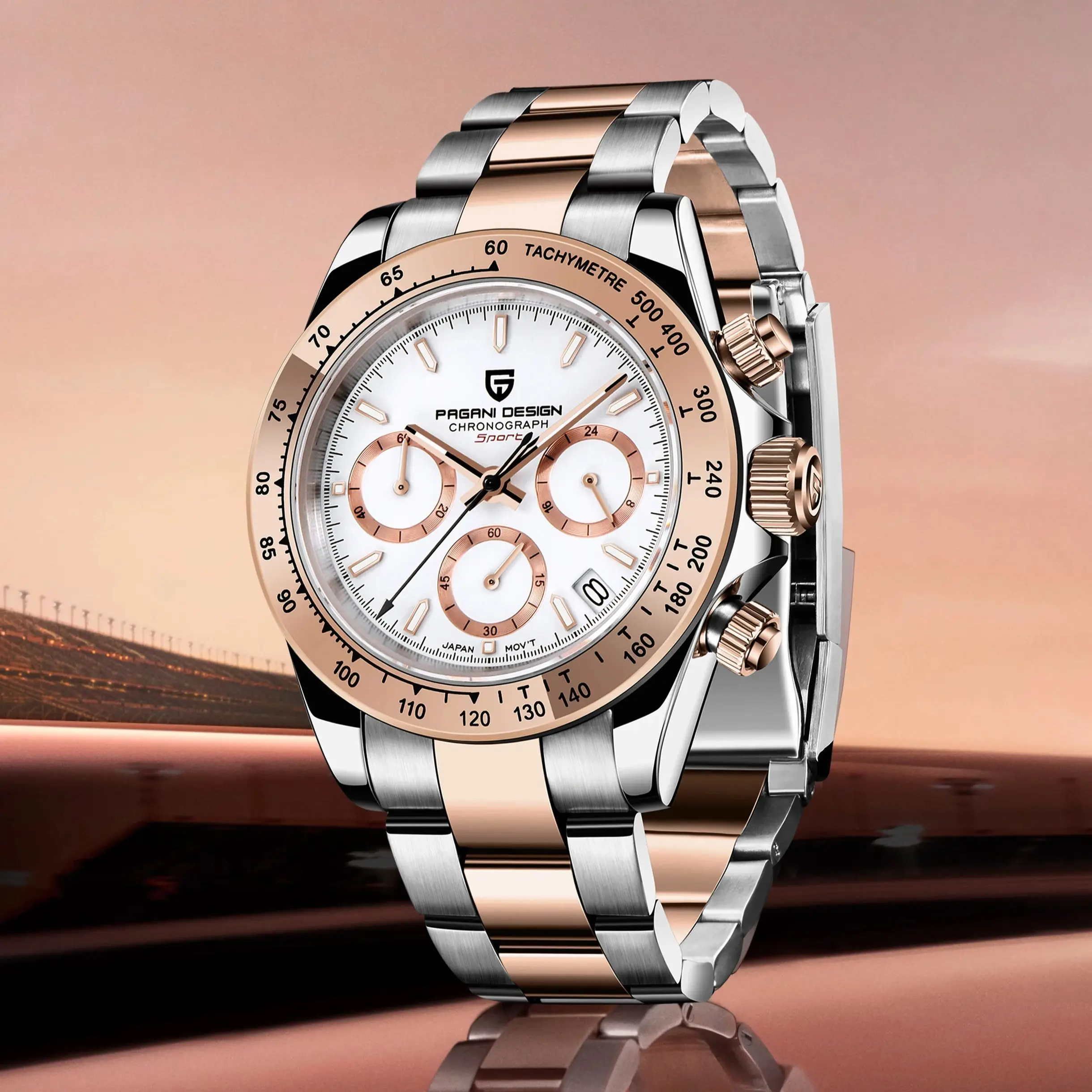 Elegant men's wristwatch with rose gold and stainless steel finish, featuring chronograph and date d.