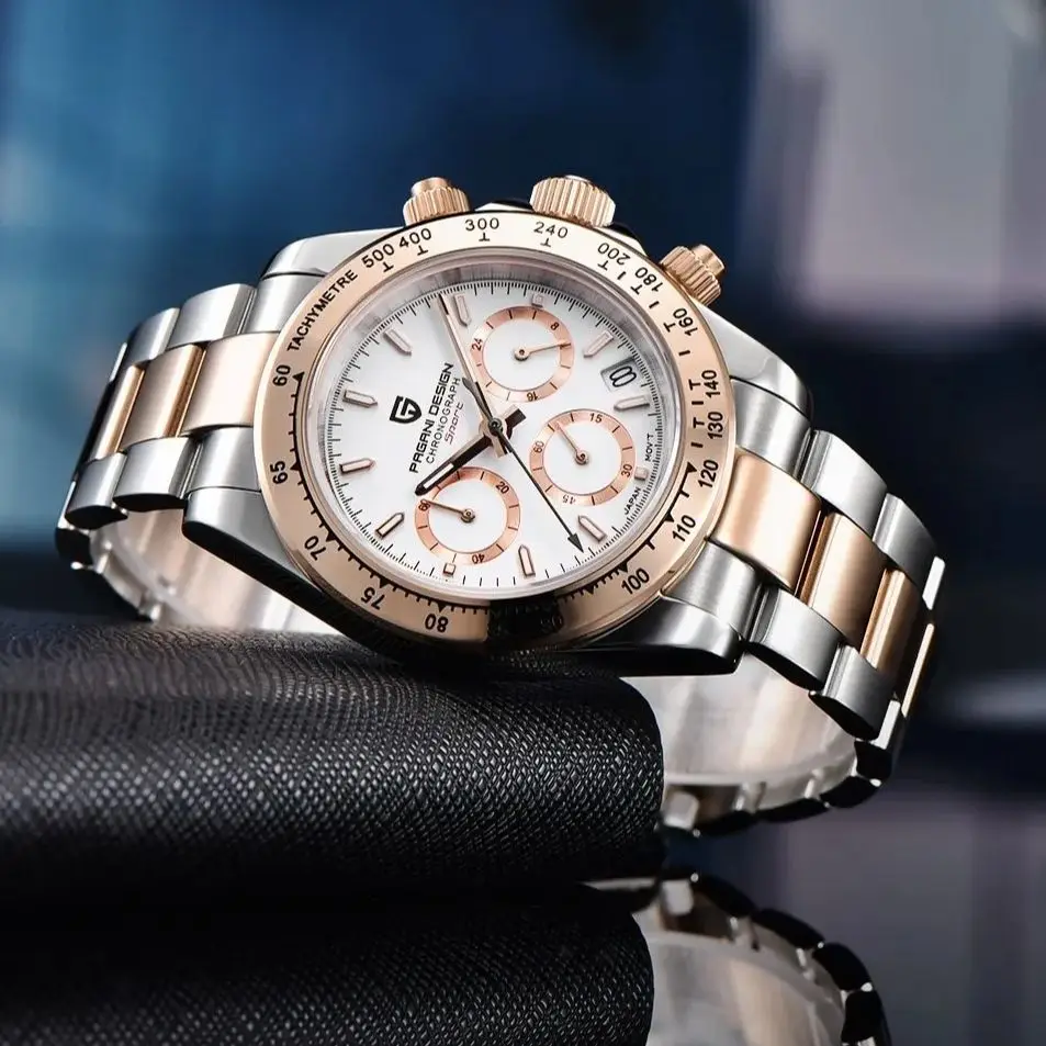 Elegant men's wristwatch with rose gold accents and stainless steel band.