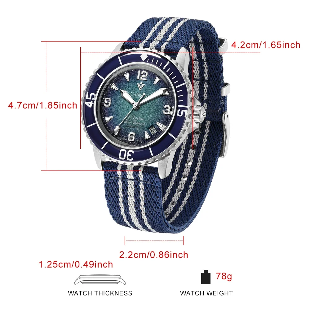 Automatic mechanical wristwatch with canvas strap, luminous dial, waterproof design, and luxury feat.
