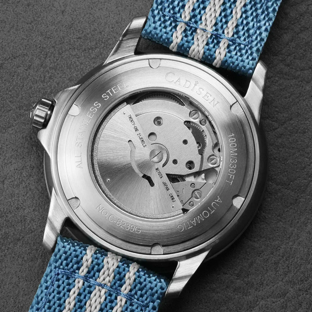 Back view of Cadisen Deep Explorer 2026 green automatic watch with canvas strap.