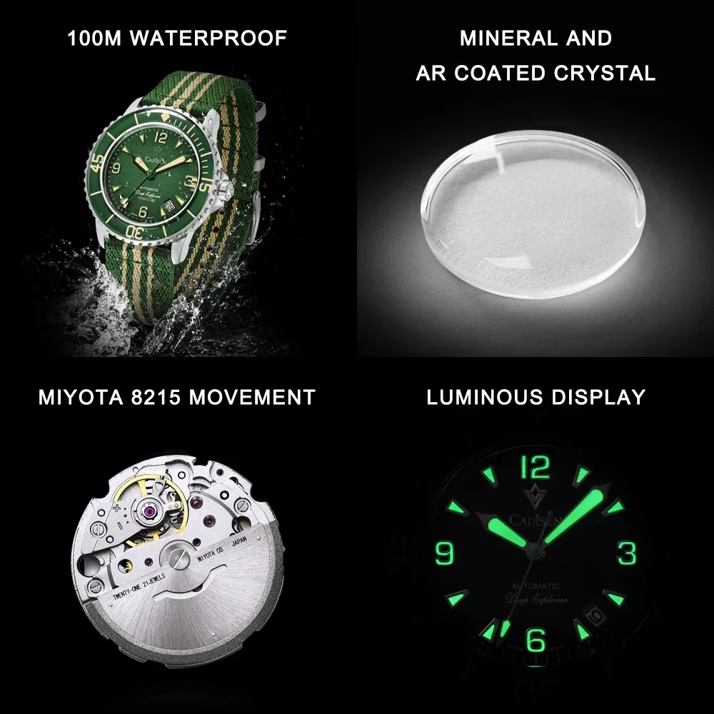 Automatic mechanical watch with luminous dial and canvas strap.