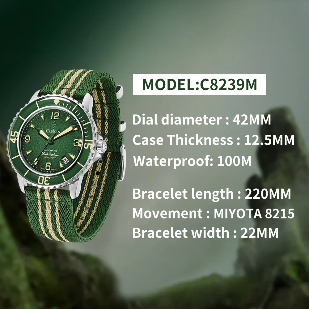 Automatic mechanical watch with green dial and canvas strap, waterproof up to 100M.