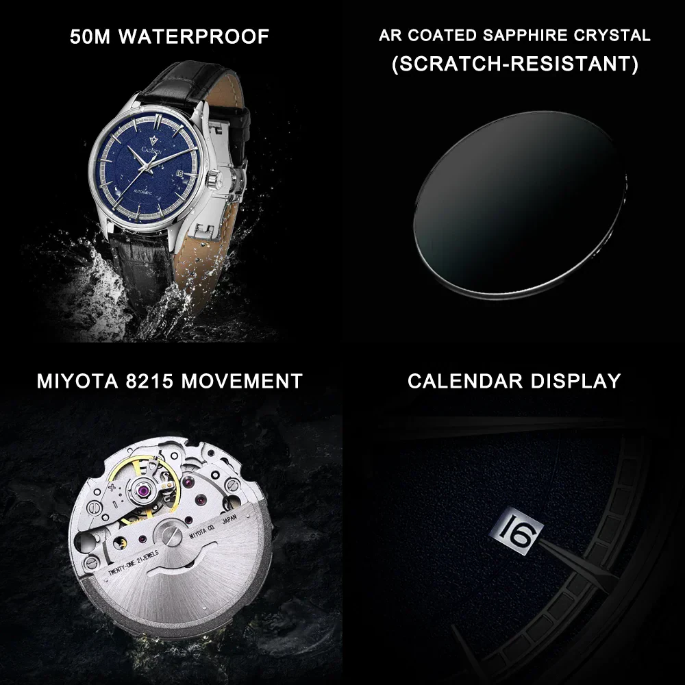 Men's automatic watch with sapphire crystal, leather strap, and 39mm dial. Waterproof MIYOTA 8215 mo.