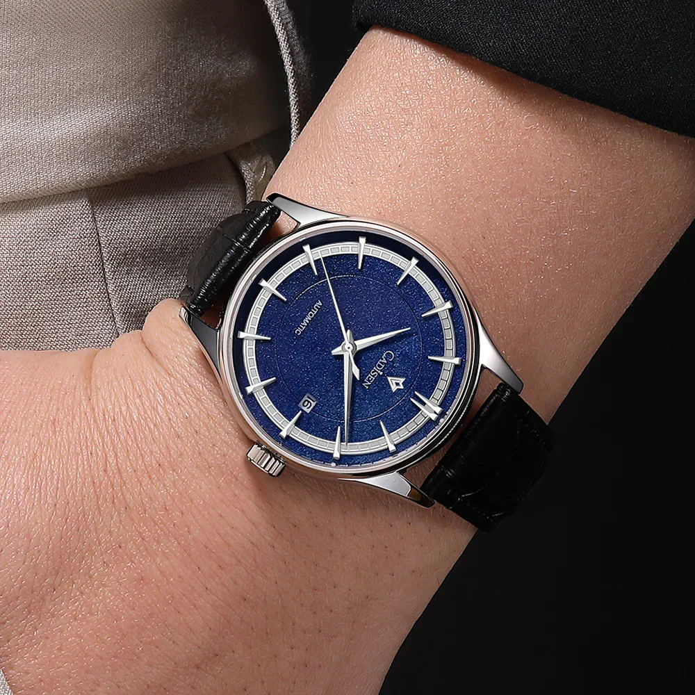 Men's automatic leather strap watch with sapphire crystal, 39mm date display, MIYOTA 8215 movement,.