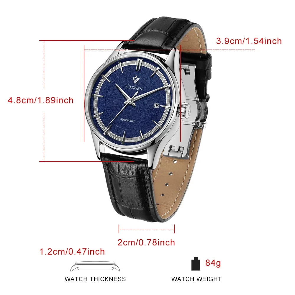 Elegant men's automatic watch with leather strap and sapphire crystal.