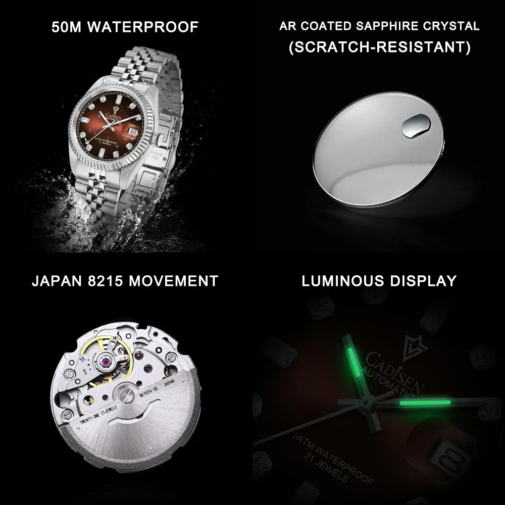 Men’s stainless steel automatic watch with luminous hands and waterproof design.
