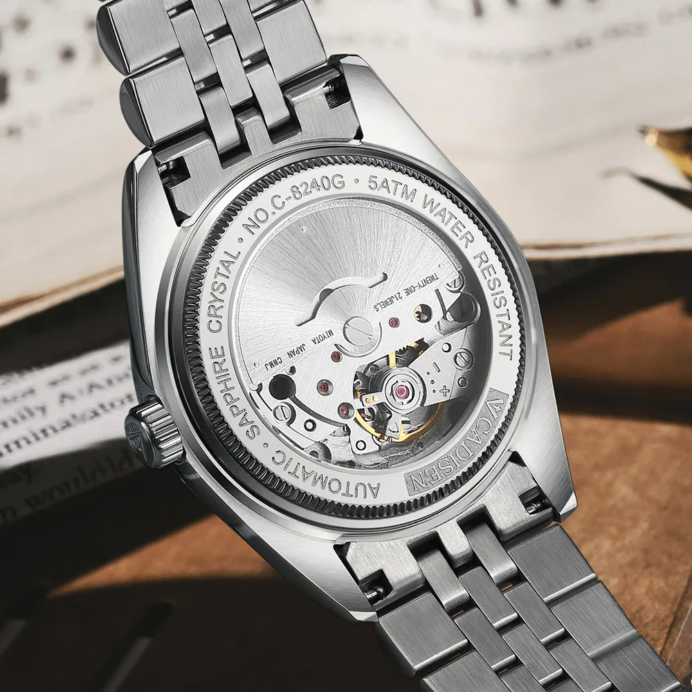 Men's Automatic Stainless Steel Watch with Transparent Back.