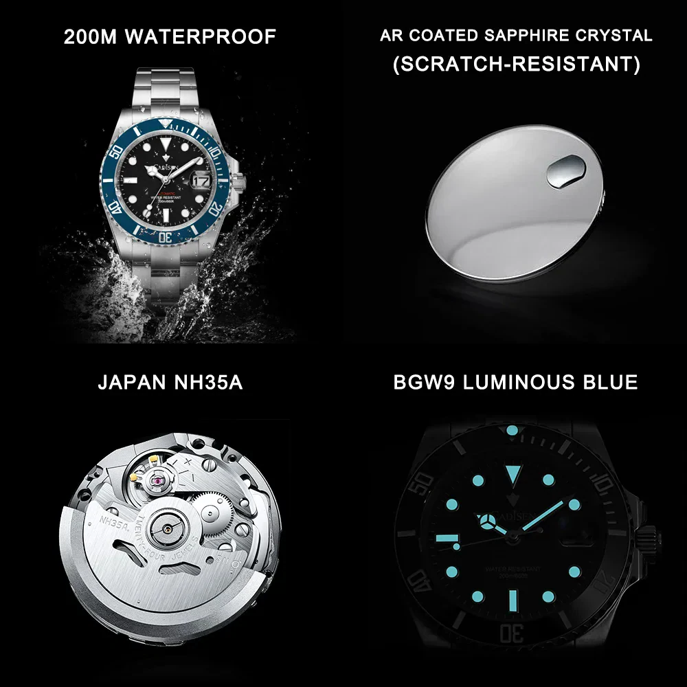 Automatic mechanical men's watch with stainless steel case and sapphire glass.