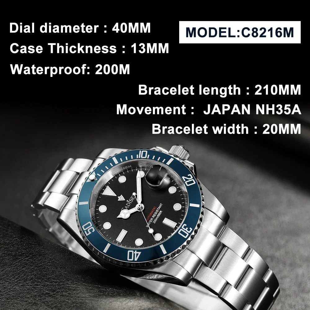 Men's stainless steel waterproof automatic watch with sapphire glass.