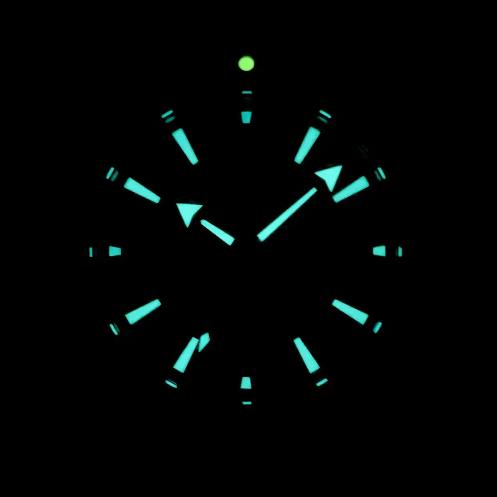 Luminous dial of the PHYLIDA 500m Ultra Diver Automatic Watch with sapphire crystal and ceramic beze.