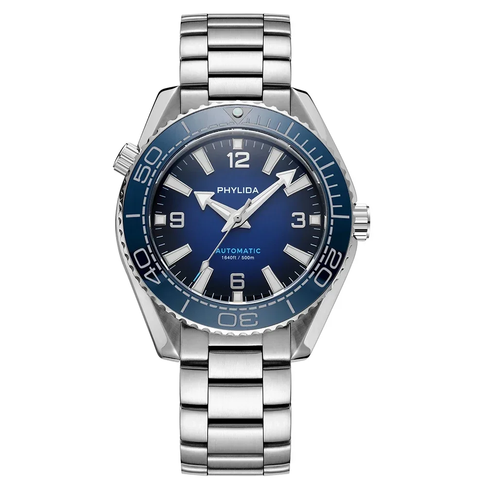 High-quality automatic diver watch with sapphire crystal and blue bezel.