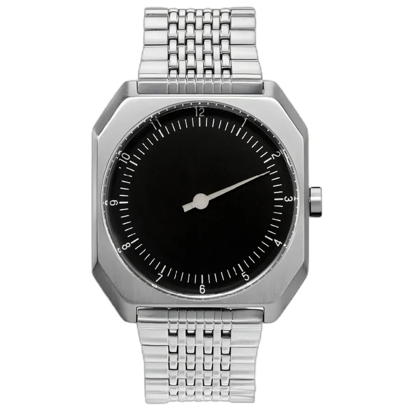 Elegant men's quartz watch with a sleek black dial and silver stainless steel band. Perfect for styl.
