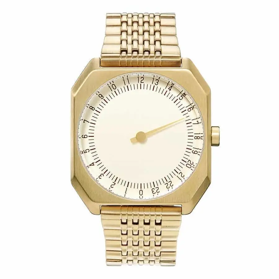 Gold men's retro quartz watch with Swiss movement and 24-hour vintage minimalist design.
