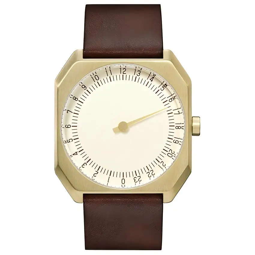 Vintage minimalist men's wristwatch with 24-hour dial and brown leather strap.