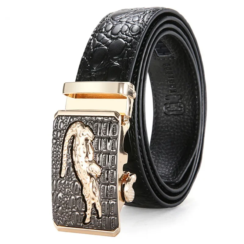 Men's crocodile leather belt with gold automatic buckle for a stylish look.