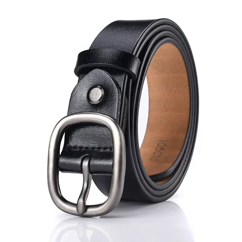 Black leather women's belt with silver buckle for jeans.