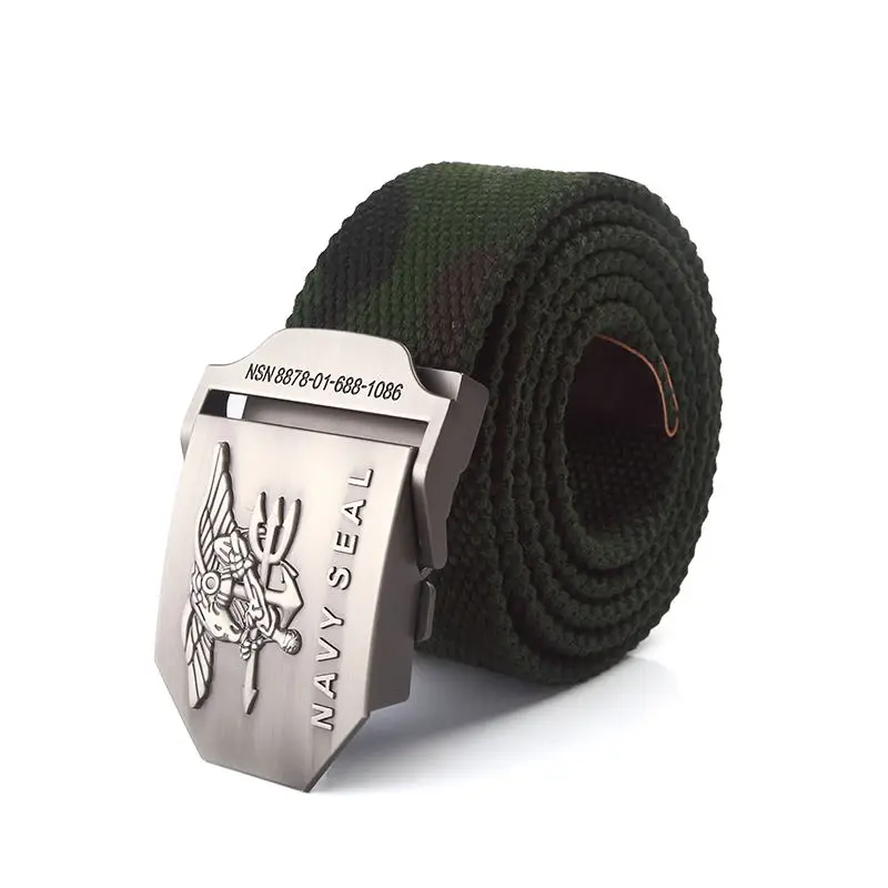 Men's canvas belt featuring a US Marines emblem buckle for military-inspired style.