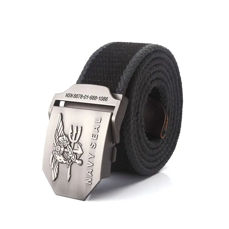 Durable black canvas belt featuring a Navy Marine Corps buckle for men.