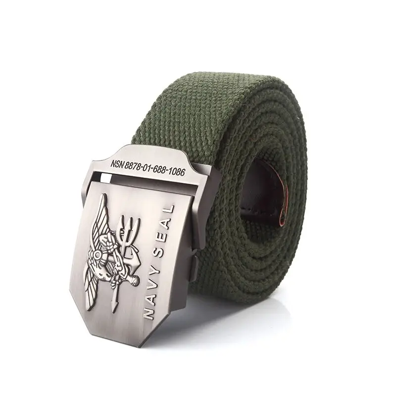 High-quality men's canvas belt featuring a US Marines emblem buckle.