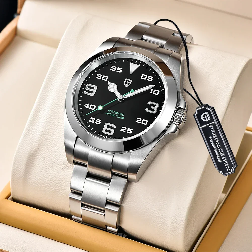 Automatic watch with NH35 movement, 200M water resistance, stainless steel band.