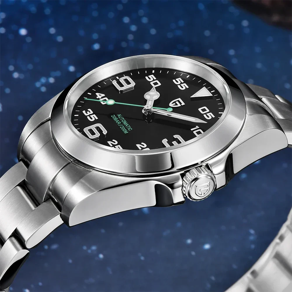 Automatic watch with black dial and luminous hands, stainless steel case and bracelet.