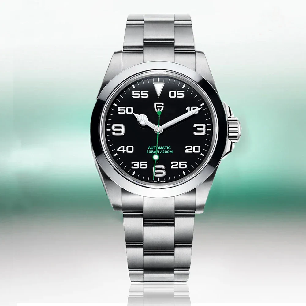 Automatic watch with black dial and stainless steel bracelet, 200M water resistance.
