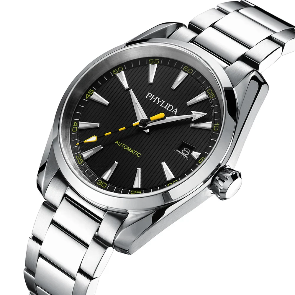 Automatic watch with black dial and yellow seconds hand.