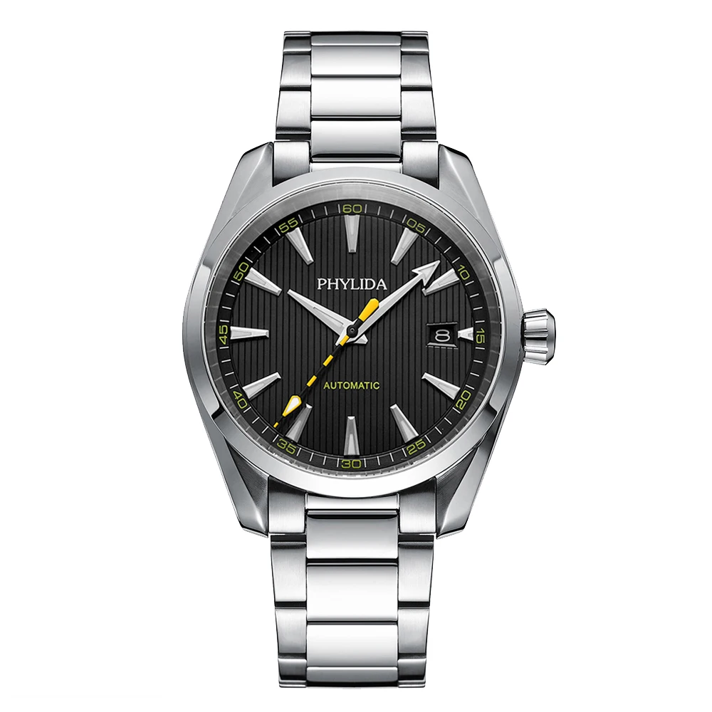 Elegant men's watch with black dial and yellow seconds hand.