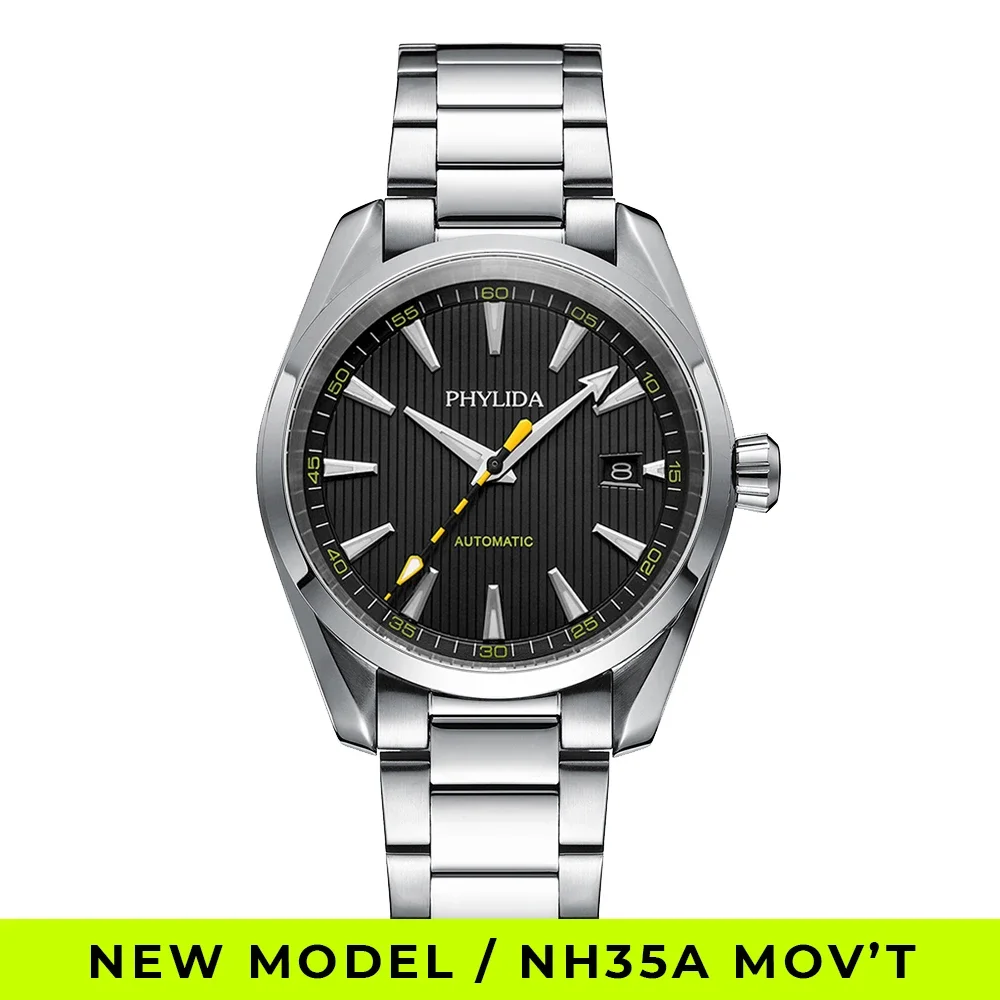 Elegant men's automatic watch with black dial and yellow seconds hand.