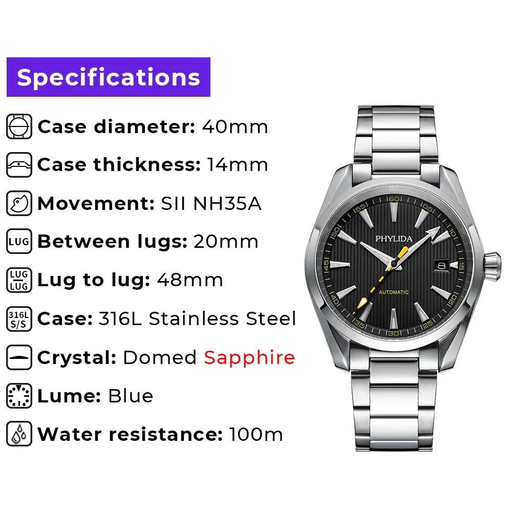 Automatic watch with black dial and yellow seconds hand, sapphire crystal, 100M water resistance.