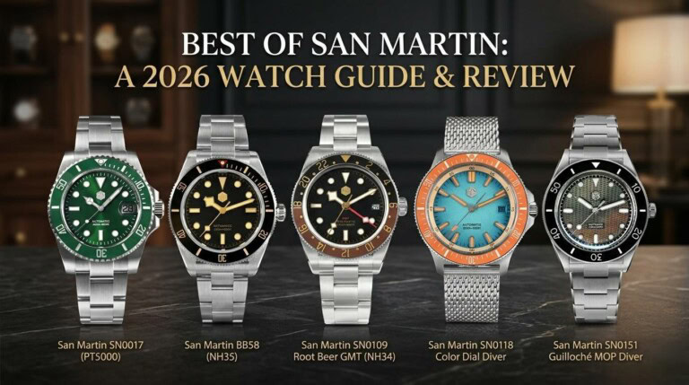 Collection of San Martin luxury watches with diverse designs and colors.