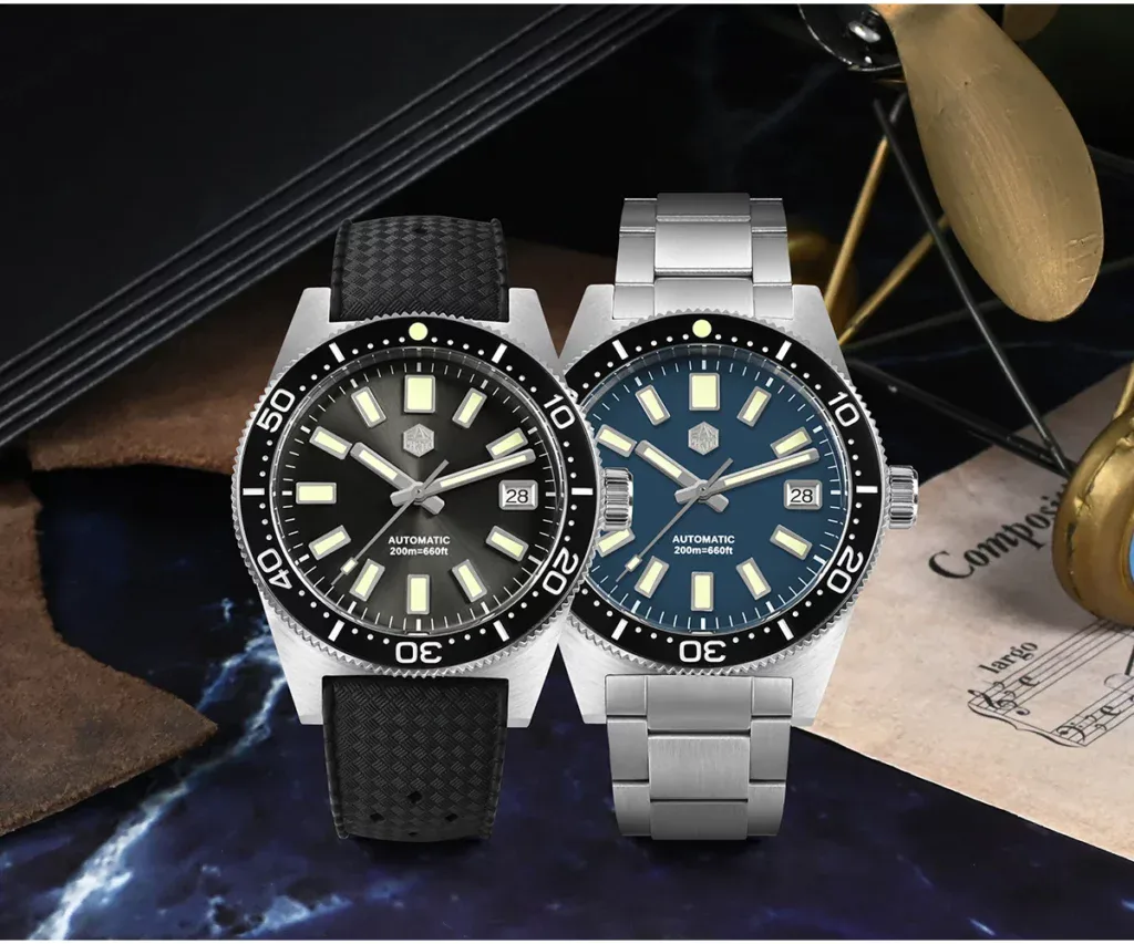 High-quality San Martin dive watches with black rubber and stainless steel straps.