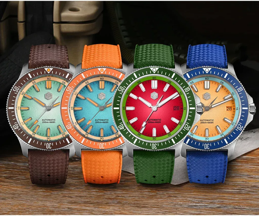Vibrant colorful San Martin dive watches with textured silicone straps. Perfect for style and durabi.