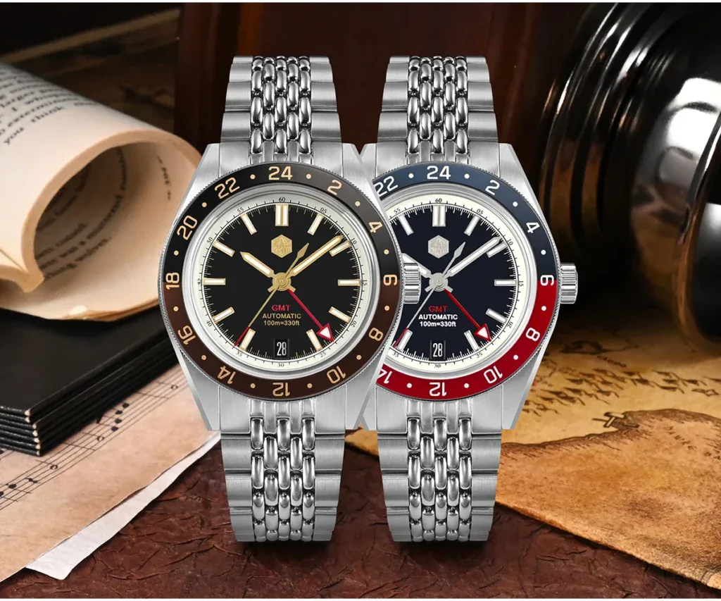 High-quality San Martin GMT watches with stainless steel bands and dual time display. Perfect for tr.