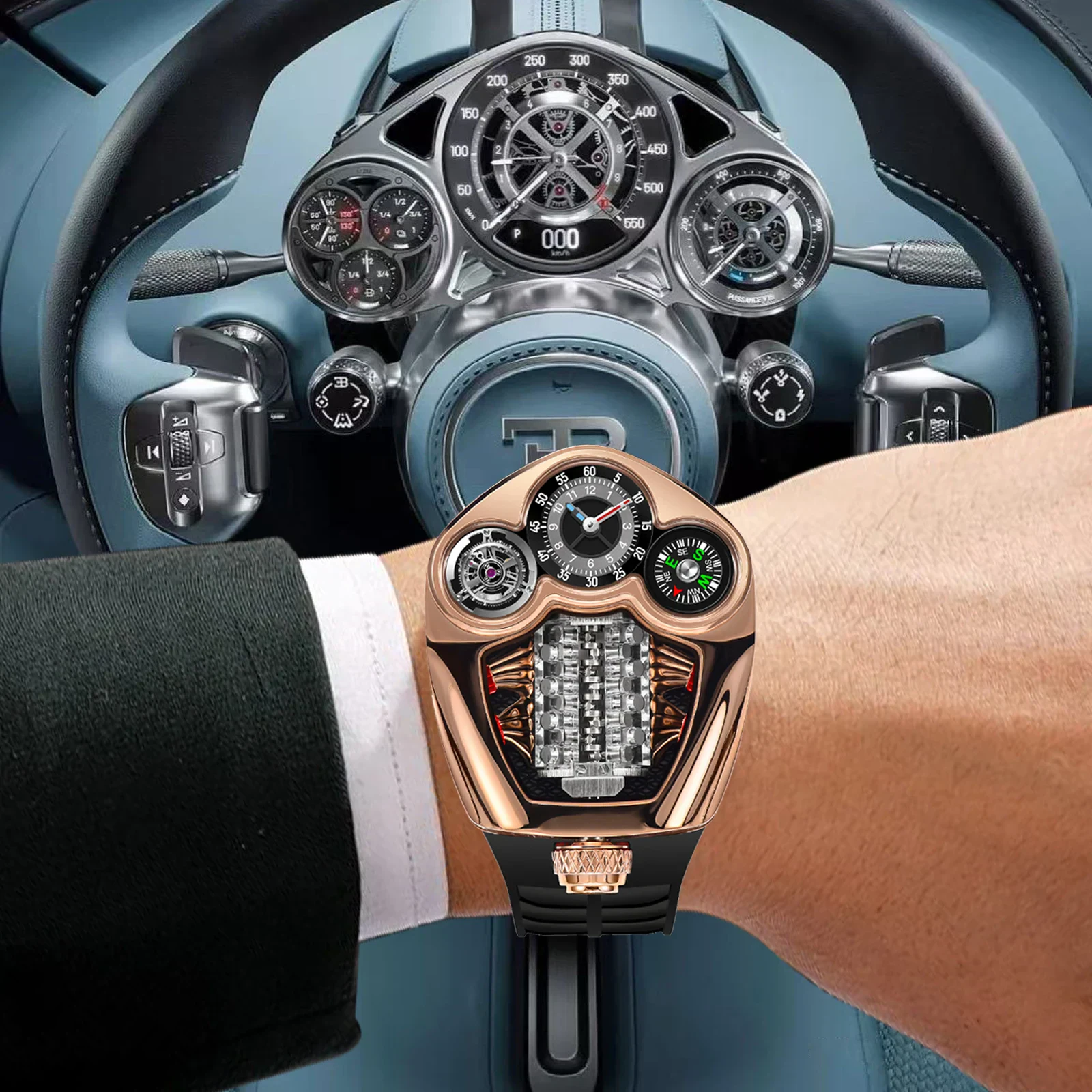 Luxury men's stainless steel watch with compass.