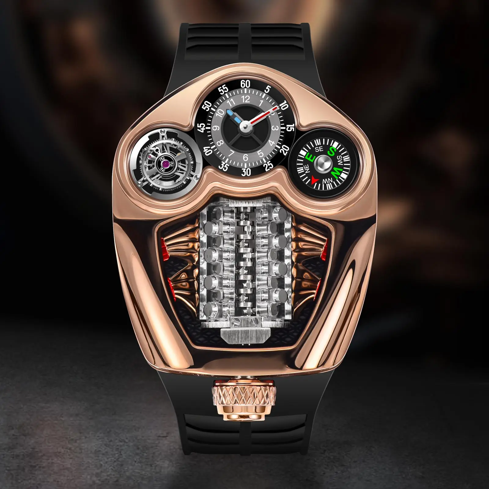 High-end luxury men's watch with stainless steel case and compass feature.