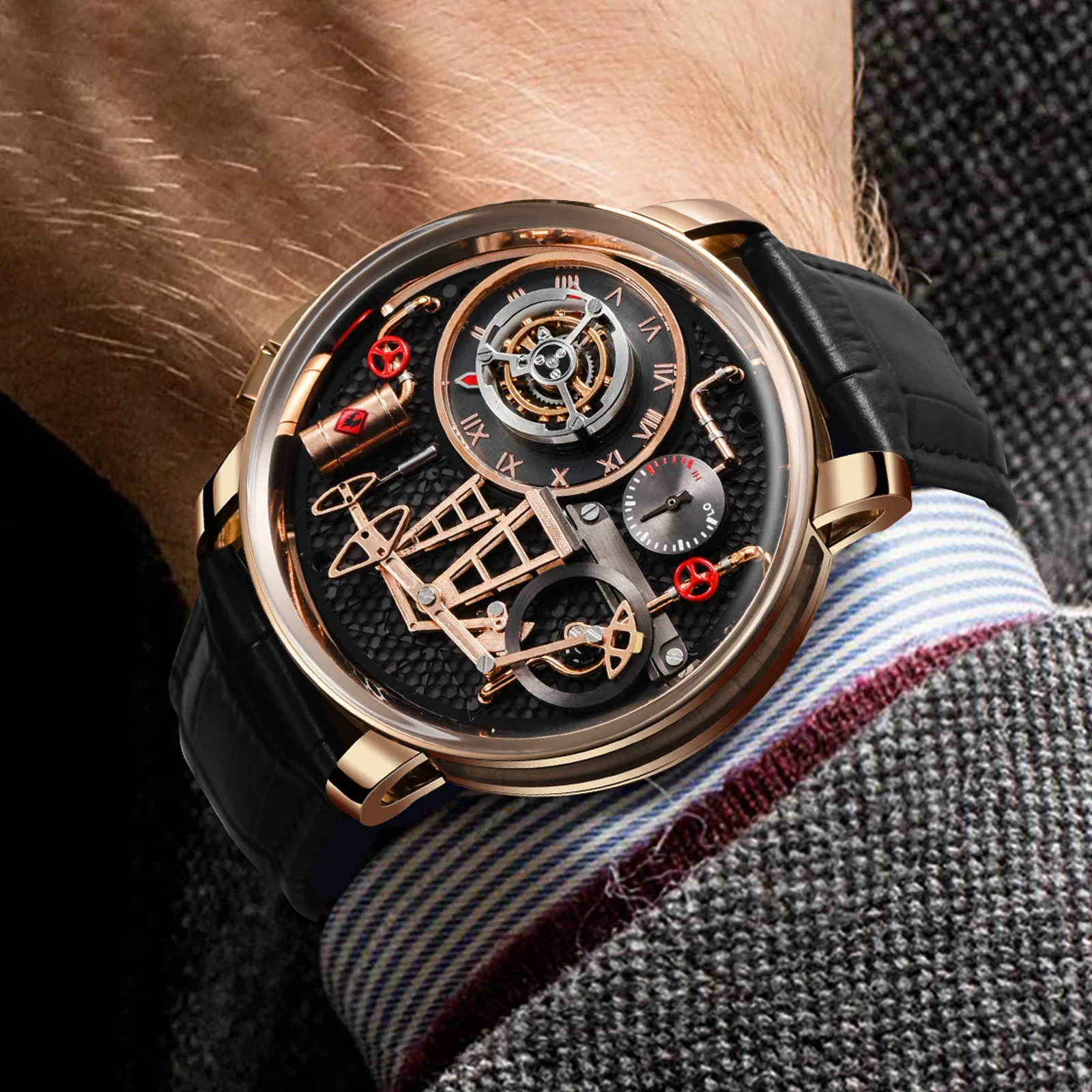 Luxury men's watch with Swiss quartz movement and sapphire waterproof glass.