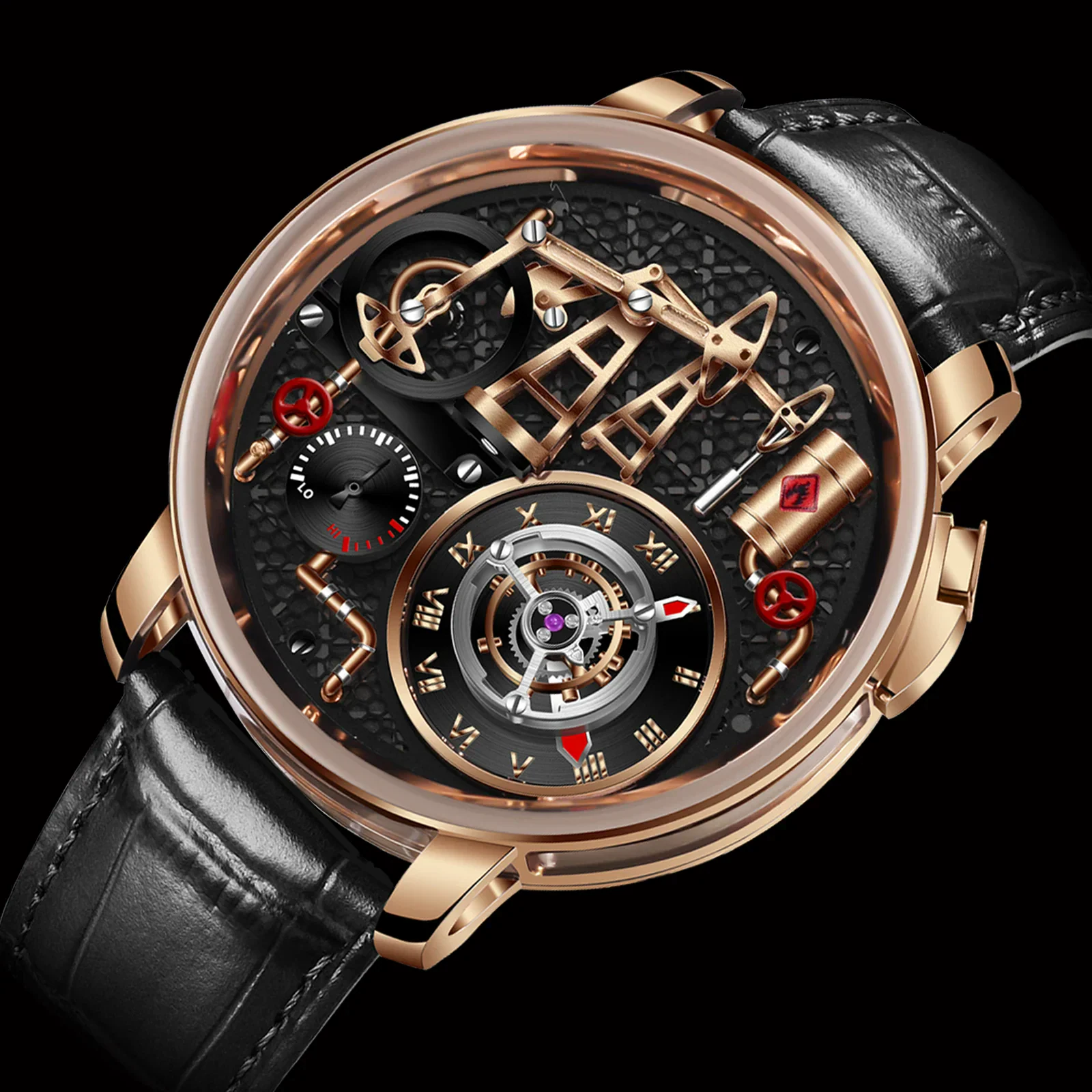 Luxury men's watch with sapphire crystal, stainless steel case, and black leather strap.