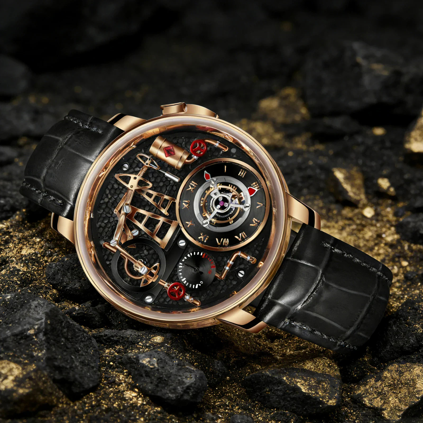 Elegant men's skeleton watch with sapphire crystal, stainless steel case, and black leather strap. S.
