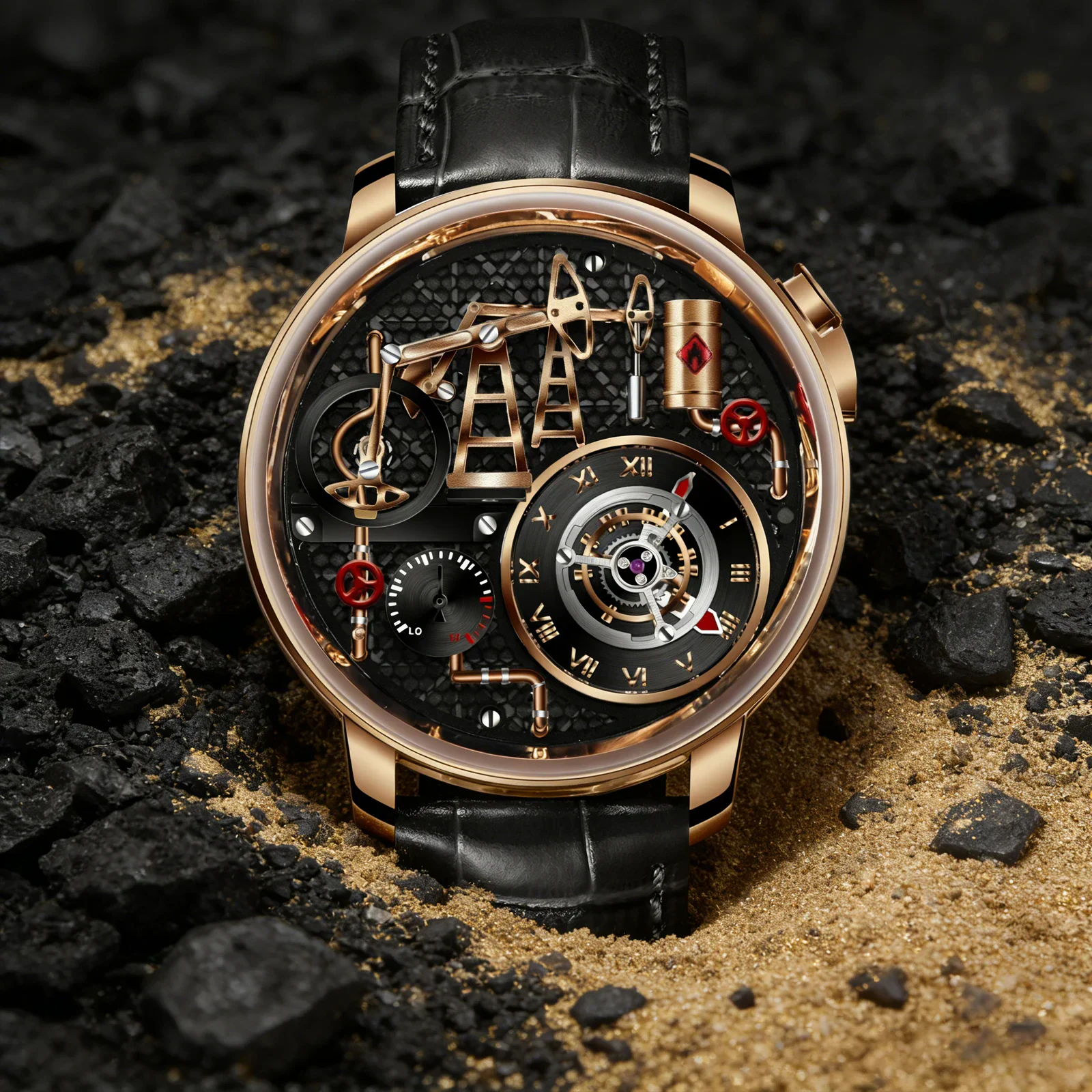 Luxury men's skeleton watch with sapphire crystal, stainless steel case, and black leather strap.